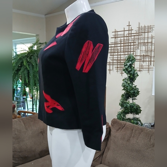 VTG 80’s GENE ROYE Black Top/Jacket Red Abstract Art Deco 100% Silk Fully Lined - Picture 3 of 13